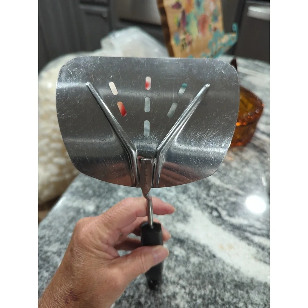 Vintage Foley Stainless Steel Spatula, Black Handle Wide Slotted Curved USA